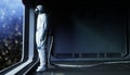 Alone astronaut in space. Sci fi futuristic corridor. view of the earth. 3d rendering.