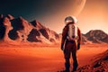 Alone astronaut in space suit on surface of red planet. Space exploration, colonization of new planets and space