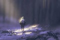Alone astronaut walking in snow