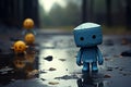 Alone, blue toy conveys a sad emotion on a rainy day