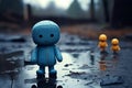 Alone, blue toy conveys a sad emotion on a rainy day