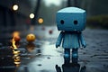 Alone, blue toy conveys a sad emotion on a rainy day