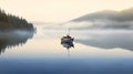 alone boat gliding on a misty lake