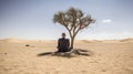 Alone businessman resting on the tree in shade, lost in desert