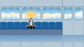 Alone calm businesswoman sits and meditates on train transportation