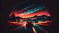 alone car on dark night road in wilderness with forest on sides and mountains on the horizon, neural network generated Royalty Free Stock Photo