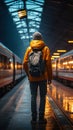 Alone but determined, a traveler with a backpack walks through the train station