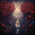 Alone on a girl running through the dark Forest, decorated with Red Hearts to the castle. Heart as a l of affection and love