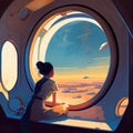 alone girl watching from space generative ai