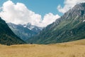 Alone horseman cowboy stands in yellow meadow on green mountain landscape