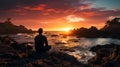 Alone human standing in rocky seashore at sunset