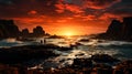 Alone human standing in rocky seashore at sunset