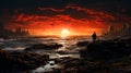 Alone human standing in rocky seashore at sunset