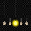Alone Lamp Shine among Extinct on Transparent Background Concept Vector Yellow Radiant Lampbulbs Halo