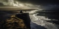 A alone man sits on a cliff overlooking the ocean and the nature is terrible, created with generative ai tools Royalty Free Stock Photo