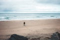 Alone man tourist with backpack goes to the ocean. Melancholic authentic nord landscape