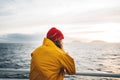 Alone man traveling at scandinavian authentic ocean landscape by ship