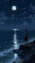 alone man watching moon light Royalty Free Stock Photo
