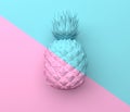 Alone pineapple is divided in half obliquely blue and pink color. Illustration in pastel colors. Tropical exotic fruit isolated on