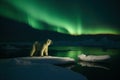 Alone polar bear and northern lights in Arctic, Aurora borealis