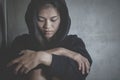 Alone and Scare asian woman,Human trafficking concept.Depression, Drug addiction symptoms Royalty Free Stock Photo