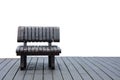 Alone scratched wooden bench on the wood panel floor, isolated on white background, copy space Royalty Free Stock Photo