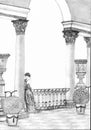 Alone standing woman in antic balcony