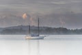 Alone - Sunrise Waterscape with Mist, Boat and Cloud