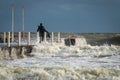 Alone surfer in wetsuits with surfboard on a city pier amid powerful waves in Australia. Concept: confrontation between the Royalty Free Stock Photo