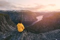 Alone tourist on Trolltunga rock Royalty Free Stock Photo