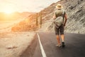 Alone traveler walks on the mountain road in indian Himalaya mountain Royalty Free Stock Photo