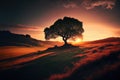 Alone tree silhouette in the field against dramatic sunset sky. Nature background. Created with Generative AI Royalty Free Stock Photo