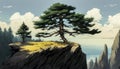 Alone twisted old pine tree on the edge of a cliff. Color illustration, drawing. Royalty Free Stock Photo