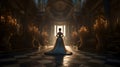 Alone woman in Baroque dress standing inside large abanodned mansion hall in Baroque style, neural network generated