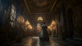 Alone woman in Baroque dress standing inside large abanodned mansion hall in Baroque style, neural network generated