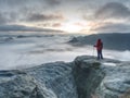 Autumn hike in foggy rocky mountains for hard adventurer Royalty Free Stock Photo