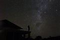 Alone woman on rooftop watching mliky way and stars in the night sky on Bali island