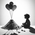Alone with Wonder: Little Boy and Floating Balloon in Black & White Royalty Free Stock Photo