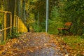 Alone wooden bench standing in park next to sidewalk with long yellow railing Royalty Free Stock Photo