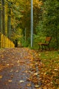 Alone wooden bench standing in park next to sidewalk with long yellow railing Royalty Free Stock Photo