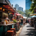 Along a bustling city street during lunch hour