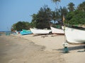 Along the coast on the sand is a lot of fishing boats. Fishing in India Royalty Free Stock Photo