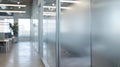 Along the walls of the office frosted glass partitions create designated spaces for brainstorming and impromptu meetings