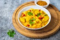 Aloo Gobi Ingredient set. Traditional spicy vegetarian indian curry dish with potatoes, cauliflower, spinach with spices Royalty Free Stock Photo