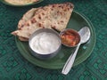 Aloo paratha with curd and pickle, Indian cuisine Royalty Free Stock Photo
