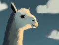 An aloof Alpaca chewing his cud while gazing out into the horizon. Cute creature. AI generation