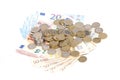 Alot of coins and euro bills isolated Royalty Free Stock Photo