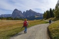 Alp de siusi October 13,2019 : Tourist walking at alps siusi at Ortisei Italy