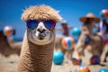 Alpaca on the beach playing volleyball