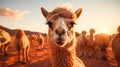 Alpaca camel sunset portrait rural scene grass livestock sand adventure